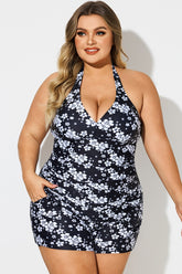 Floral Print Self-Tie Halter Shirred Tankini Top