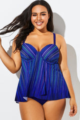 Blue Striped Flowy Sweetheart Neckline Underwire Tankini Top