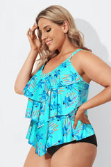 Flower Printed V-neck Ruffle Women Tankini Top