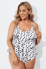 Plus Size Polka Dot V-Neck Ruffle Tankini Top