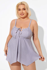 White & Grey Gingham U-neck Tankini Top with Bow
