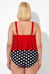 Red Ruched Flounce U-neck Blouson Tankini Top