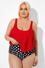 Red Ruched Flounce U-neck Blouson Tankini Top