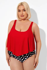 Red Ruched Flounce U-neck Blouson Tankini Top