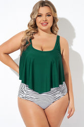Green Scoopneck Ruched Flounce Blouson Tankini Top