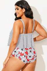 Striped Scoop Neck Ruched Flounce Blouson Tankini Top