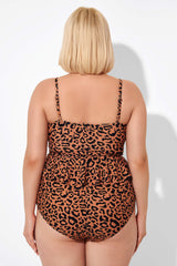 Leopard Scoopneck Tie Front Ruched Hem Tankini Top