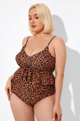 Leopard Scoopneck Tie Front Ruched Hem Tankini Top