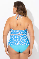 Blue Printed High Neck Keyhole Halter Tankini Top
