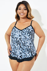 Black V-neck Tropical Rain Print Tankini Top
