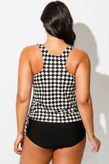 Black & White Check V-Neck One Piece Swimsuit