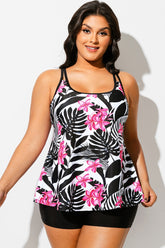 Tropical Print Square Neck Adjustable Strap Tankini Top
