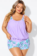 Plus Size Floral Print Light Purple Tankini Top