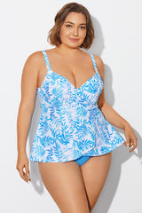 Blue Purple Palm Faux Flyaway Underwire Tankini Top