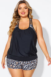 Leopard Print T-Back Blouson Tankini Top