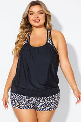 Leopard Print T-Back Blouson Tankini Top