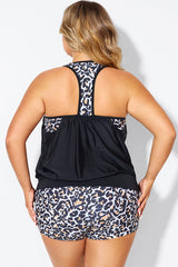 Leopard Print T-Back Blouson Tankini Top