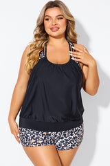 Leopard Print T-Back Blouson Tankini Top
