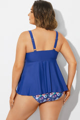Navy Blue Tie Ruffle Sweetheart Neckline Tankini Top