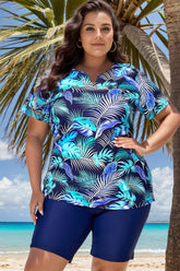 Leaf Print Split Neck Short Sleeves Tankini Top