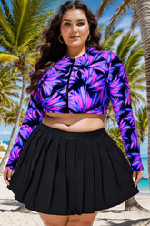 Electric Purple Print Long Sleeved Cropped Zip Tankini Top