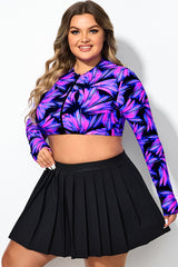 Electric Purple Print Long Sleeved Cropped Zip Tankini Top