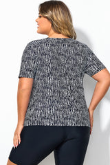 High Neck Short Sleeves Abstract Stripe Print Tankini Top