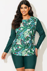 Tropical Print Side Tie Adjustable Long Sleeve Tankini Top