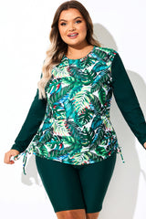 Tropical Print Side Tie Adjustable Long Sleeve Tankini Top