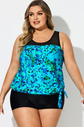 Plus Size Floral Print Mesh Cyan Tankini Top