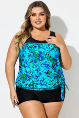 Plus Size Floral Print Mesh Cyan Tankini Top