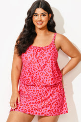Plus Size Pink Leopard Print Blouson Tankini Top