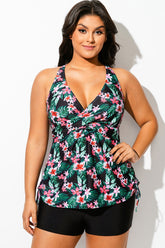 Floral Print Drawstring Side Adjustable Strap Tankini Top