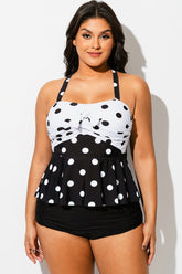 Polka Dots Underwire Tie-Front Peplum Tankini Top