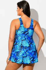Plus Size Blue Palm Print V-Neck Tankini Top