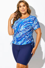 Blue Tie Dye Round Neck Short Sleeves Tankini Top