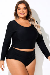 Black Long Sleeves Round Neck Tankini Top