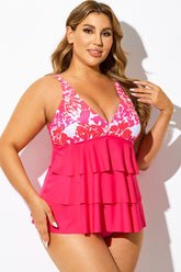 Pink Floral Print Tiered Colorblock Tankini Top