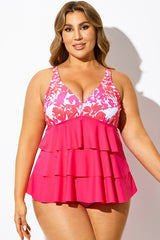 Pink Floral Print Tiered Colorblock Tankini Top
