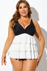 Black & White Colorblock Tiered Tankini Top