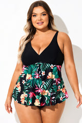 Black Floral Print Colorblock Tiered Tankini Top