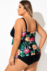 Black Floral Print Colorblock Tiered Tankini Top