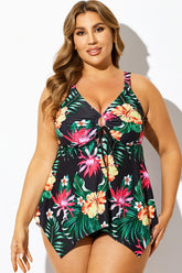 Black Floral Print Knot Hem Tankini Top