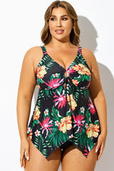 Black Floral Print Knot Hem Tankini Top