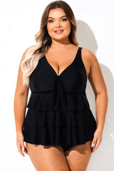 Solid Black V-Neck Ruffled Tankini Top