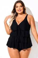 Solid Black V-Neck Ruffled Tankini Top