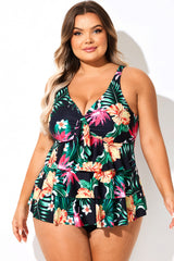 Black Floral V-Neck Ruffled Tankini Top