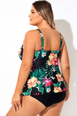 Black Floral V-Neck Ruffled Tankini Top