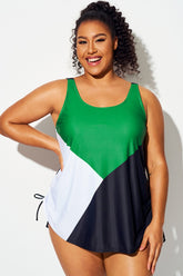 Green Color Block Drawstring Cami Tankini Top