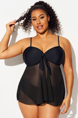 Plus Size Knot Front Mesh Overlay Tankini Top